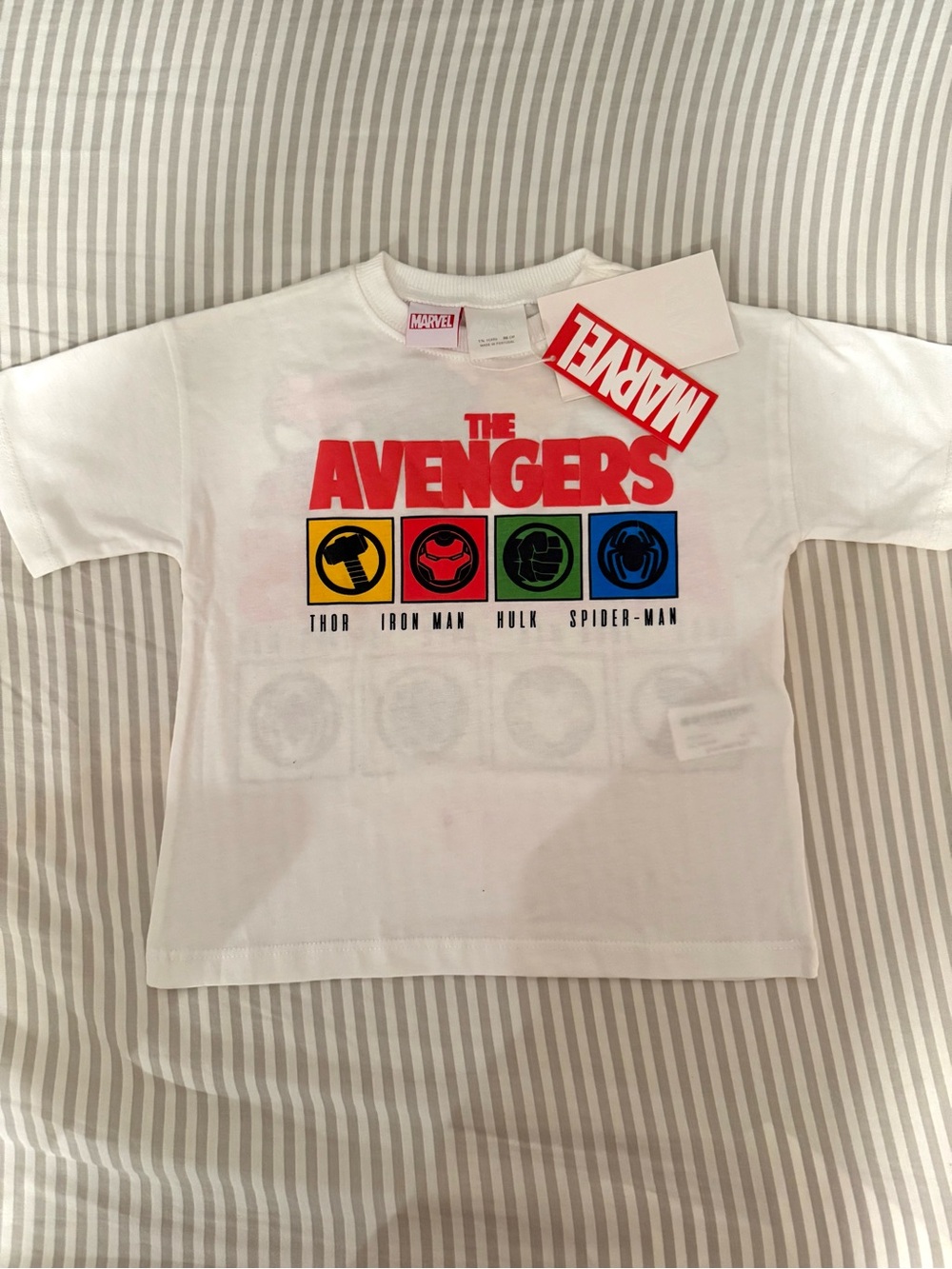 Zara Kids Marvel White Short Sleeve Avengers Graphic Tee with Multi-Color Icons